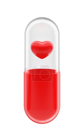 Foto de Parte superior transparente cápsula roja píldora objeto Dentro hay un símbolo de corazón rojo 3D. La atención médica y médica es la medicación para enfermedades del corazón, farmacia, suplementos o vitaminas. Recorte de camino. Ilustración 3D. - Imagen libre de derechos