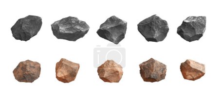 Mars-Gesteinsgruppe und Meteoriten außerirdischen Kupfer und schwarze dunkle Oberfläche Textur rauen Rohsteinen Objekte Gebirgsgestein vulkanischen, Kohle, Asteroid auf weißem Hintergrund. Schneideweg. 3D-Illustration.