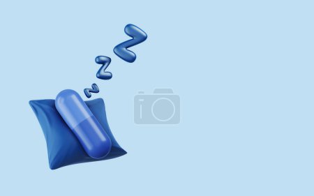 Téléchargez les photos : Capsule pilules sur oreiller bleu sur fond bleu clair. Concept somnifère, sommeil profond, anesthésie, médicament contre la gueule de bois, induire une bonne nuit de sommeil et de bons rêves. Couper le chemin. Illustration 3D. - en image libre de droit