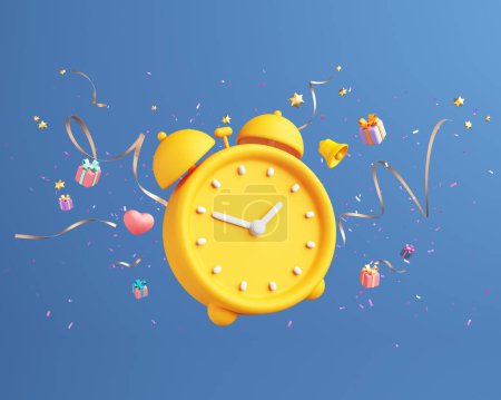Photo for Party time and happy time. It's time to celebrate birthday party, christmas, countdown new year with clock, gift box, 3D heart, ribbons, confetti on blue background. Clipping path. 3D illustration. - Royalty Free Image