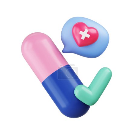 Photo for Pill capsule object with check mark, red heart 3d on white background. Concepts of medical prescription, sickness and hospitalization, pharmacy, vitamin supplements. clipping path. 3D Illustration. - Royalty Free Image