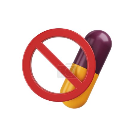 Téléchargez les photos : Pilule capsule objet et rouge stop signe 3d sur fond blanc. Concepts de médicaments dangereux pour la santé, produits chimiques, médicaments périmés, allergies médicamenteuses. Prendre des médicaments à temps. chemin de coupure. Illustration 3D. - en image libre de droit