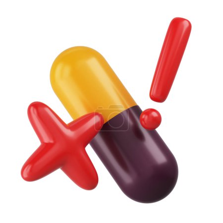 Photo for Pill capsule object with red wrong mark, exclamation mark 3d on white background. Concepts of dangerous drugs to health, chemical, expired drugs, drug allergies. clipping path. 3D Illustration. - Royalty Free Image
