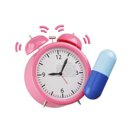 Photo for Alarm clock object with capsule pills on white background. Healthcare remind you to take your medicine on time, pharmacy, prescription, supplements or vitamins. Object clipping path. 3D Illustration. - Royalty Free Image