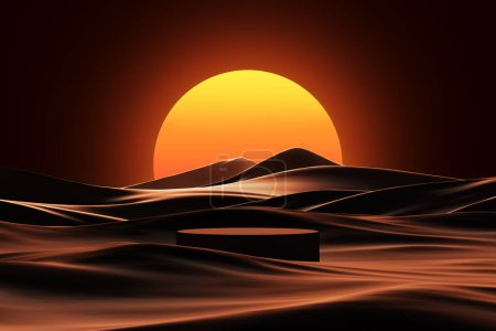 Foto de Podium product display sunset in desert landscape dark black sky El sol naranja rojizo cae sobre olas de dunas de arena. causar atmósfera misteriosa. productos cosméticos pedestal, moda. Ilustración 3D. - Imagen libre de derechos