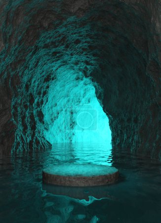 Foto de El podio de piedra oscura negra muestra productos dentro de un túnel robusto de naturaleza rupestre que serpentea en la superficie del agua. luz azul-verde brilló a través del túnel. Mostrar pedestal misterioso o fantasía. Ilustración 3D. - Imagen libre de derechos
