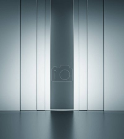 Photo for Alcove or entrance hall in front of the elevator door. Stage podium stand stainless steel and metal glay blue scene. Advertising display space products fashion cosmetics and perfume. 3D illustration. - Royalty Free Image