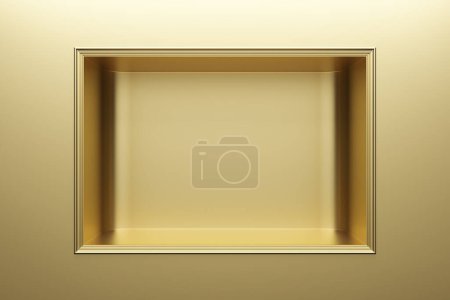 Photo for Classic frame golden on gold wall luxury elegant stand display platform in wall. Place product cosmetic beauty product or skincare advertisement premium hi-end perfume scent, fashion. 3D Illustration. - Royalty Free Image