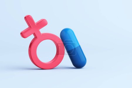 Téléchargez les photos : Objet 3D rose chaud femelle symbole de genre et pilules capsule bleue médecine sur fond bleu clair. Concept est pilules contraceptives, crampes menstruelles ou hormones féminines. chemin de coupure. Illustration 3D. - en image libre de droit