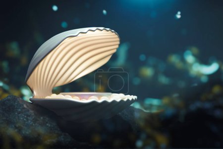 Photo for Golden mother of pearl shell or oyster podium luxury elegant reef underwater shine seabed rocks ocean shine marine natural deep treasure. product display stand advertisement cosmetic. 3D illustration. - Royalty Free Image