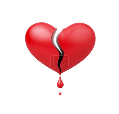 Photo for Red 3d heart object cracked blood drop. Love symbol of male and female on white background. Concept of heartbroken, sexual, divorce, adultery, conflict and blackmail. clipping path. 3D Illustration. - Royalty Free Image