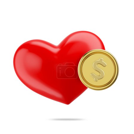 Photo for Red heart symbol and golden dollar coin, 3D rendering. On white background. Concept is love or marriage. Family planning, money needed, money buys love, love shopping, clipping path. 3D illustration. - Royalty Free Image