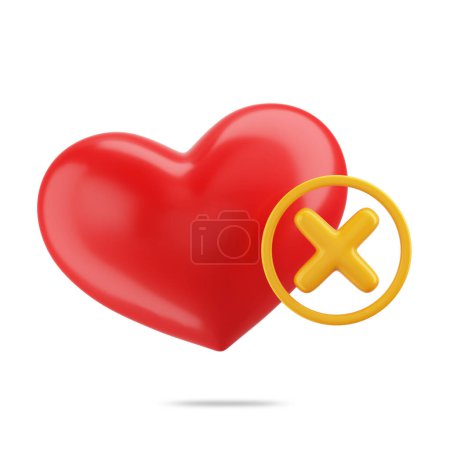Téléchargez les photos : Symbole coeur rouge et jaune mauvais signe rendu 3D sur fond blanc. Le concept est une mauvaise décision, le cœur brisé, pas de petit ami, illusion, célibataire et seul. Chemin de coupure d'objet. Illustration 3D. - en image libre de droit