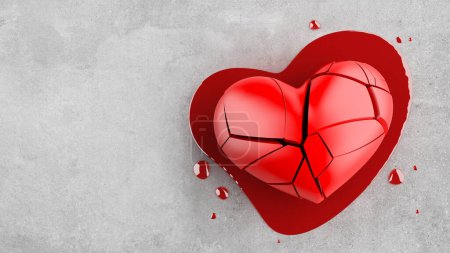 Photo for Top view 3d heart red broken and blood on concrete floor. Concept of heartbroken, sexual, divorce, adultery, conflict, relationship problems and blackmail. clipping path. copy space. 3D Illustration. - Royalty Free Image