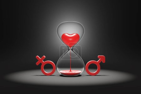 Photo for Hourglass with heart, red male and female gender symbol. Spotlight on black background. Time for love is running out, broken heart, divorce, end of relationship. clipping path. 3D Illustration. - Royalty Free Image