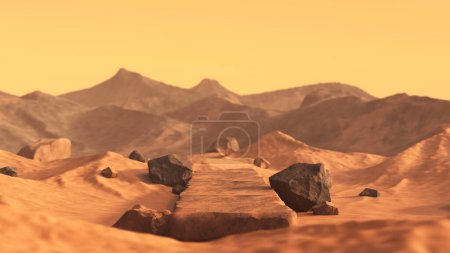 Téléchargez les photos : Piédestal défilé de mode ou modèle de piste. Mars brun rock, noir. Paysage aride chaîne de montagnes poussiéreux dunes de sable podium pierre stand affichage produit toile de fond roche volcanique sur la planète. Illustration 3D. - en image libre de droit