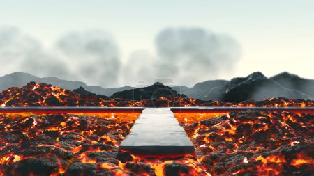 Photo for Podium lava igneous rock stone hot magma, smoke concept. Pedestal catwalk fashion or runway model. stand product display molten crust eruption volcanic melting cracks heat scorch. 3D Illustration. - Royalty Free Image