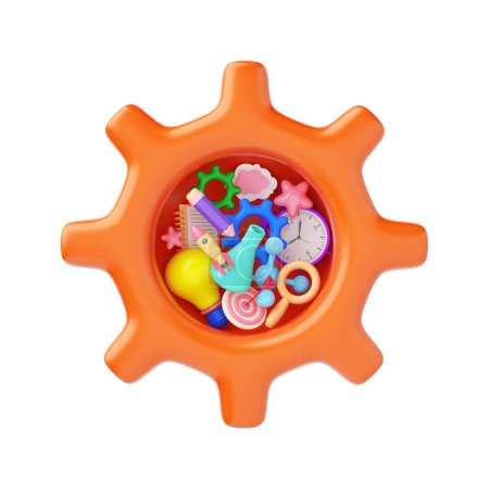 Photo for Cog or gear orange. work or system learning idea future study. creative imagine business, science, technology and education cute kid colorful white background. object clipping path. 3D Illustration. - Royalty Free Image
