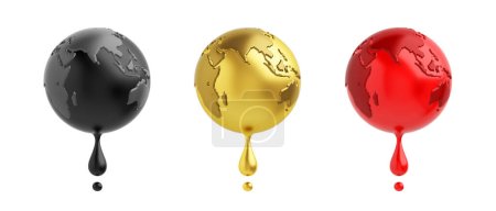 Photo for Symbol objects of globe and water drops are melting in the concept is Drops of black crude oil, drops of gold, drops of blood, white background. object clipping path. 3D Illustration. - Royalty Free Image