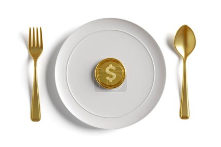 Photo for Golden US dollar coins placed in white plate golden cutlery on white background. Concept is business profits, market share, dividends, investment, Charity, Money Fraud. Clipping path. 3D Illustration. - Royalty Free Image
