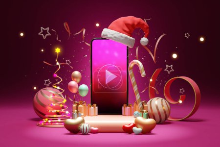 Téléchargez les photos : Médias de divertissement sur smartphone. étoiles, boîte cadeau, chapeau de Père Noël, lueur de lumière célébrer toile de fond. Cadeau fête d'anniversaire, Noël, Nouvel An. Compte à rebours. Voie de coupure d'écran. Illustration 3D. - en image libre de droit