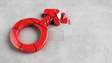 Photo for Top view red gender male symbol cracked on concrete floor. Concept is heartbroken, sexual, divorce, adultery, conflict, relationship problems and blackmail. clipping path. copy space. 3D Illustration. - Royalty Free Image
