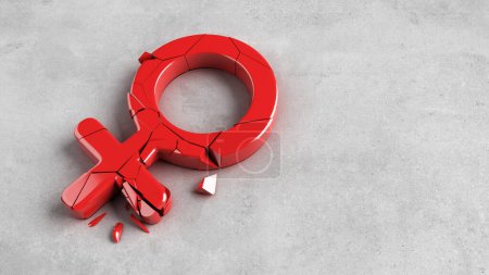 Photo for Top view red gender female symbol cracked on concrete floor. Concept is heartbroken, sexual, divorce, conflict, relationship problem, and blackmail. clipping path. copy space. 3D Illustration. - Royalty Free Image