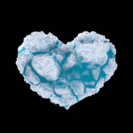 3d blaues Eis Herzform mit Eiskristallen schwarzen Hintergrund. Das gefrorene Herzsymbol zerbrach. Konzept ist kaltherzig, herzzerreißend, ungeliebt, kalt und verschlossen. Schneideweg. 3D-Illustration.