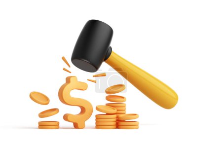 Photo for Rubber mallet is pounding 3D dollar signs and stacked coins on  white background. Regarding product price reductions, currency fluctuations, trade, business investment. clipping path. 3D Illustration. - Royalty Free Image