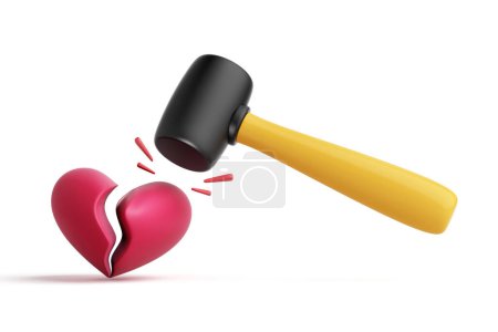 Ein Gummihammer hämmert ein gebrochenes rotes 3D-Herzsymbol auf einen weißen Hintergrund. Über Beziehungsprobleme, Herzschmerz, Verrat, Erpressung. Objekte mit Schnittpfad. 3D-Illustration.
