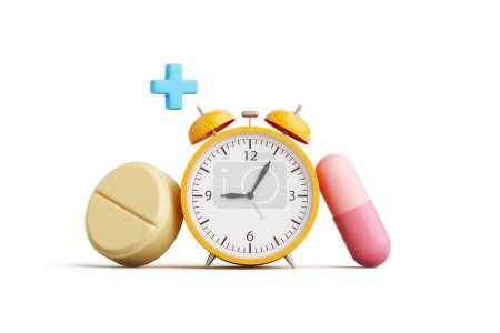 Object alarm clock with capsule pills, plus sign on white background. Healthcare remind you to take your medicine on time, taking sleeping pills, pharmacy, vitamins. clipping path. 3D Illustration.