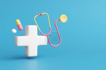 3D plus Symbol, Stethoskop, Kapselmedizin, Pillen auf blauem Hintergrund. rosa-blaues Pastell. Gesundheitscheck beim Arzt und Krankheitsbehandlung im Krankenhaus. Schneideweg. Kopierraum. 3D-Illustration.