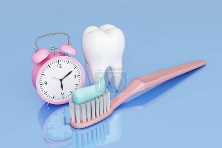Zähneputzen regelmäßig und hygienisch. Aufrechterhaltung der Sauberkeit Zähne und Mund. 3D-Objekte sind Wecker, Zahnbürste, Zähne und Zahnpasta auf blauem Hintergrund. Schneideweg. 3D-Illustration.