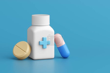 3D weiße Medikamentenflasche oder Tablettendose mit Kapselmedikament auf blauem Hintergrund. Verschreibung von Medikamenten oder Antibiotika, Generika. Apotheke und Vitamin. Schneideweg. Kopierraum. 3D-Illustration.