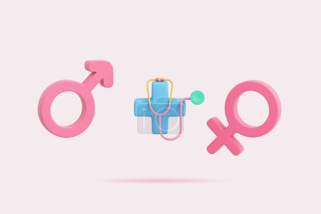 Foto de 3D femenino masculino símbolo sexo género con más símbolo, estetoscopio. pastel azul rosado. control de salud impotencia o disfunción sexual consultar a un médico y el tratamiento de la enfermedad. camino de recorte. Ilustración 3D. - Imagen libre de derechos