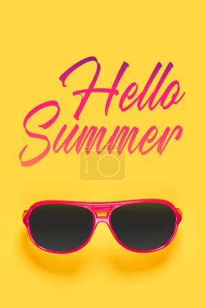 Photo for Sunglasses with the words hello summer written in pink and red on top, next to it is an orange background that says hello summer - Royalty Free Image
