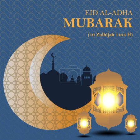 Téléchargez les photos : Bannière de vacances islamique moderne 3d en design monotone violet. podium d'affichage avec lanterne Ramadan, lune en métal et portail de mosquée. Calligraphie : Aïd Moubarak - en image libre de droit