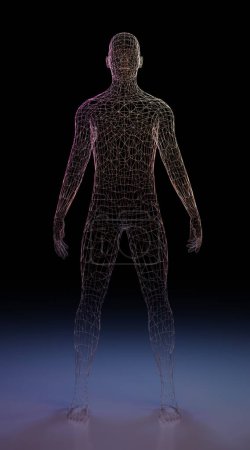 Human body of man made of wire mesh. 3d rendering of futuristic scene of research and medical science or sci-fi games and movies.