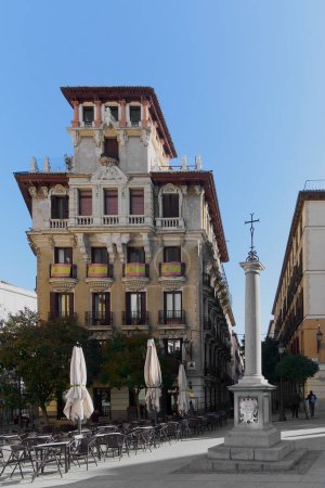 Photo for Madrid, Spain - June 04, 2023: Square de Ramales in Madrid, Spain with the glossary column and its commemorative plaque to Diego Velazquez 1599 1660. - Royalty Free Image