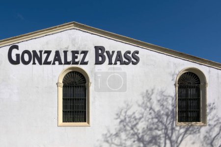 Photo for Jerez de la Frontera, Spain - September 7, 2023: View of one of the facades of Bodega Gonzalez Byass with its characteristic sign. - Royalty Free Image