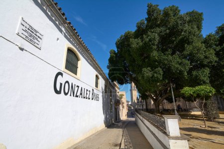 Photo for Jerez de la Frontera, Spain - September 7, 2023: View of one of the facades of Bodega Gonzalez Byass with its characteristic sign. - Royalty Free Image