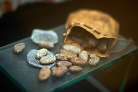 Ledertasche mit Kakaosamen, die in der Antike als Währung in selektivem Fokus verwendet wurde.
