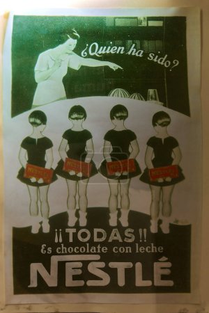 Barcelona, Spain - March 06, 2024: Image of an old Nestle advertisement with a humorous touch, showing several women with chocolate bars.