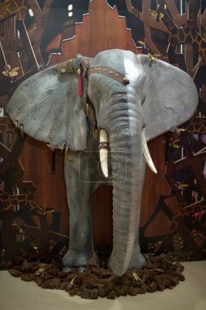 Detailed sculpture of an elephant, made entirely of chocolate, exhibited in the Barcelona chocolate museum.