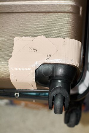 Suitcase wheel and corner secured with tape, indicating damage and quick repair.