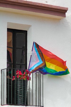 Dieses fesselnde Bild zeigt eine lebendige Regenbogenfahne, die LGBTQ-Stolz symbolisiert und elegant vor dem Hintergrund eines weißen Gebäudes mit dunklem Fenster und blühenden Blumen weht..