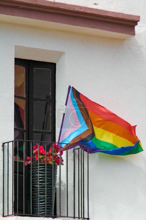 Dieses fesselnde Bild zeigt eine lebendige Regenbogenfahne, die LGBTQ-Stolz symbolisiert und elegant vor dem Hintergrund eines weißen Gebäudes mit dunklem Fenster und blühenden Blumen weht..