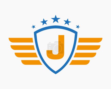 Foto de Logo inicial del ala en la letra J para el logotipo del transporte con el símbolo de la estrella - Imagen libre de derechos