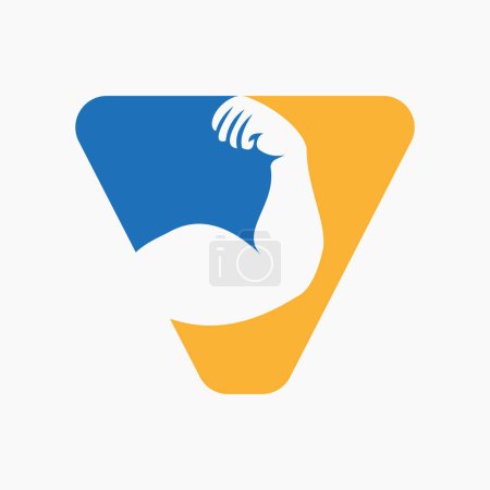 Foto de Letra V Diseño de Logo Fitness. Diseño del icono del logotipo del brazo. Símbolo de gimnasio - Imagen libre de derechos