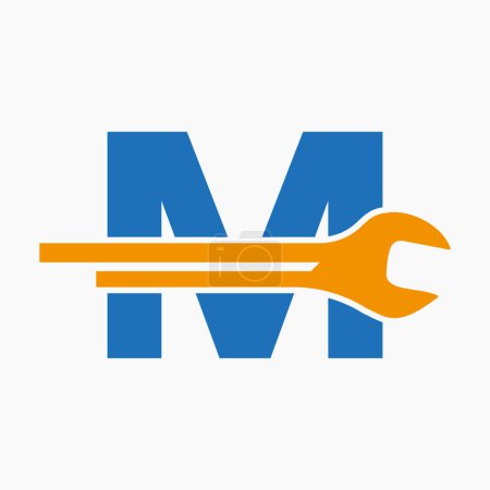 Téléchargez les illustrations : Logo de clé sur la lettre M avec symbole d'ingénierie. Technicien Logotype - en licence libre de droit